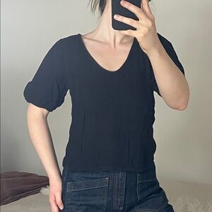 Velvet by Graham & Spencer Black Cotton Gauze Blouse with Puff Sleeves